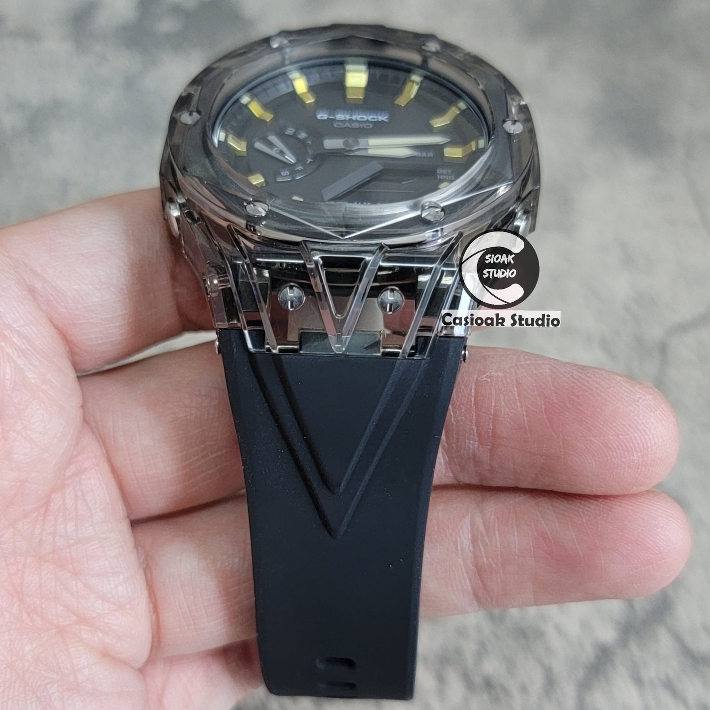 Casioak Mod Watch Transparent Black Case Black Strap Black Gold Time Mark Black Dial 44mm- Casioak Mod Casio G-Shock Royal Oak Custom Mens Luxury Watches Ga2100