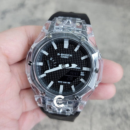 Casioak Mod Watch Transparent Case Black Strap Black Light Gray Time Mark Black Waffle Dial 44mm- Casioak Mod Casio G-Shock Royal Oak Custom Mens Luxury Watches Ga2100