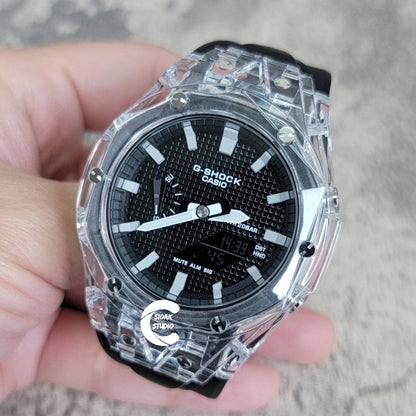 Casioak Mod Watch Transparent Case Black Strap Black Light Gray Time Mark Black Waffle Dial 44mm- Casioak Mod Casio G-Shock Royal Oak Custom Mens Luxury Watches Ga2100