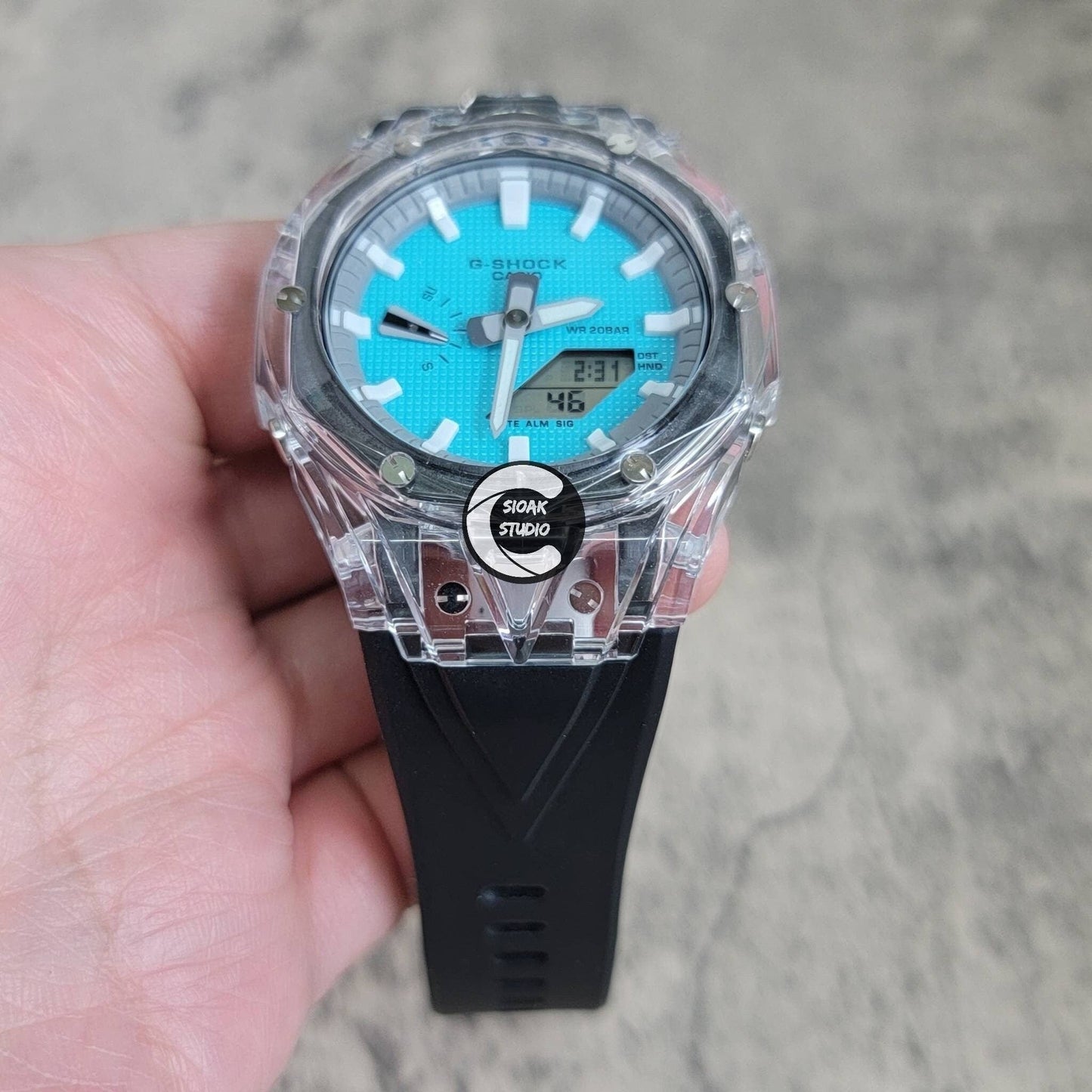 Casioak Mod Watch Transparent Case Black Strap Gray White Time Mark Tiff Blue Dial 44mm- Casioak Mod Casio G-Shock Royal Oak Custom Mens Luxury Watches Ga2100