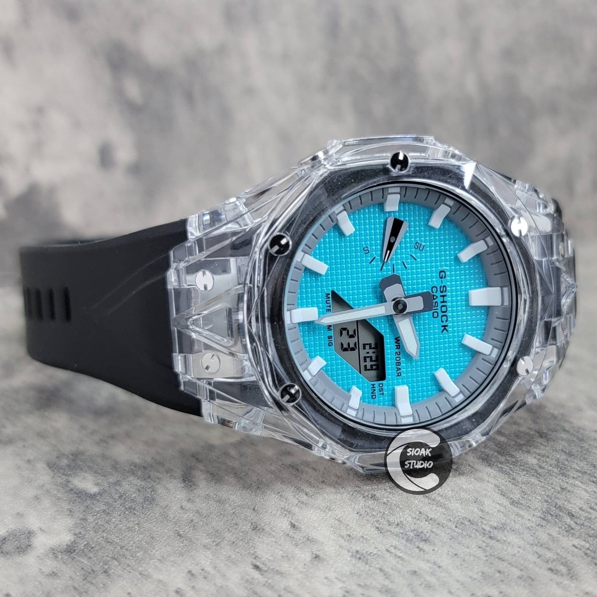 Casioak Mod Watch Transparent Case Black Strap Gray White Time Mark Tiff Blue Dial 44mm- Casioak Mod Casio G-Shock Royal Oak Custom Mens Luxury Watches Ga2100