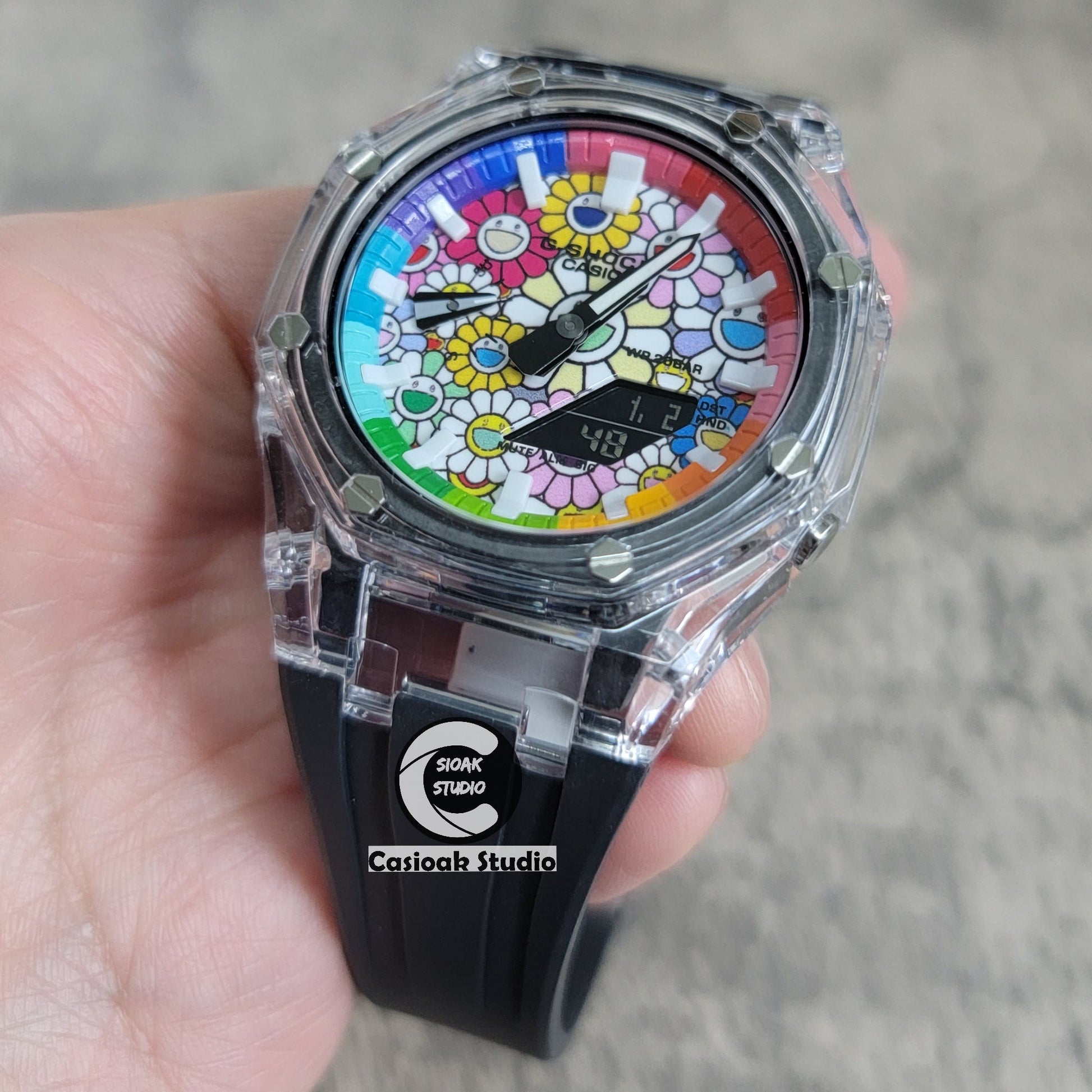 Casioak Mod Watch Transparent Case Black Strap Rainbow White Time Mark Takashi Murakami Dial 44mm- Casioak Mod Casio G-Shock Royal Oak Custom Mens Luxury Watches Ga2100