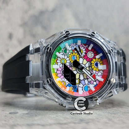 Casioak Mod Watch Transparent Case Black Strap Rainbow White Time Mark Takashi Murakami Dial 44mm- Casioak Mod Casio G-Shock Royal Oak Custom Mens Luxury Watches Ga2100