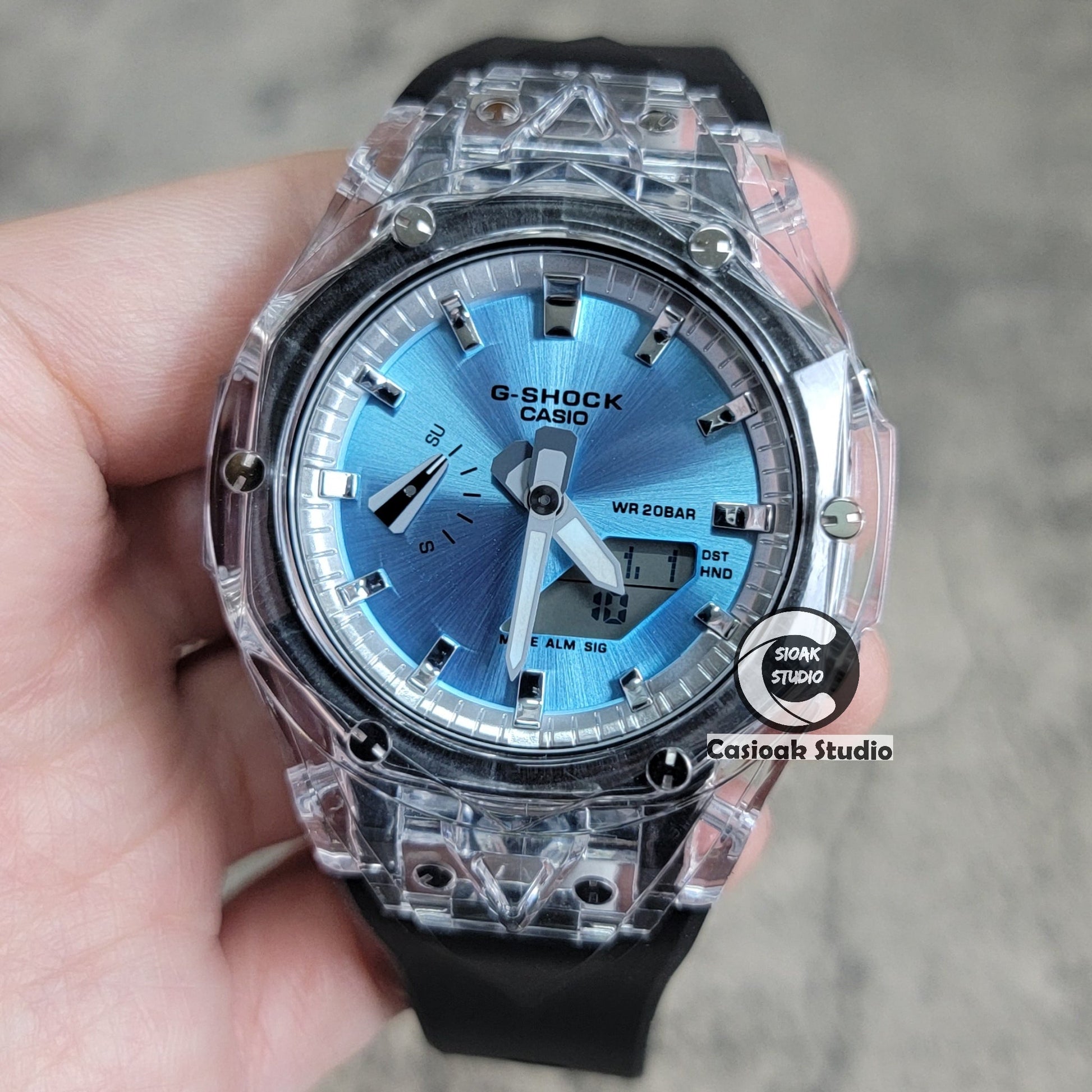 Casioak Mod Watch Transparent Case Black Strap Silverw Time Mark Blue Dial 44mm- Casioak Mod Casio G-Shock Royal Oak Custom Mens Luxury Watches Ga2100