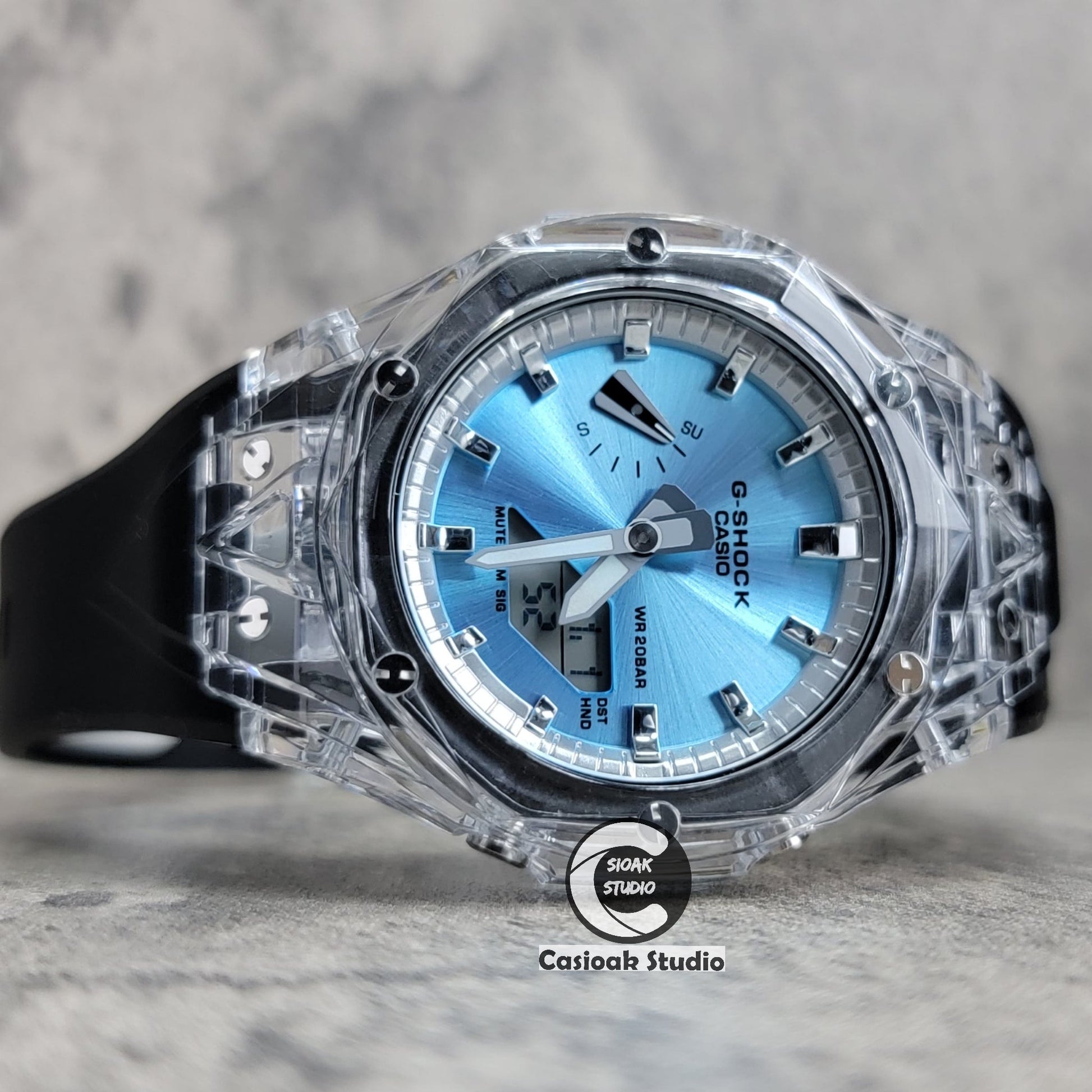 Casioak Mod Watch Transparent Case Black Strap Silverw Time Mark Blue Dial 44mm- Casioak Mod Casio G-Shock Royal Oak Custom Mens Luxury Watches Ga2100