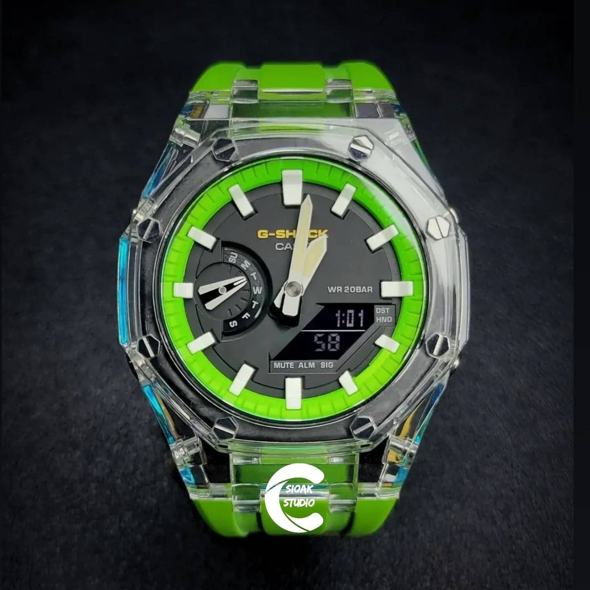 Casioak Mod Watch Transparent Case Green Strap Green White Time Mark Black Dial 44mm- Casioak Mod Casio G-Shock Royal Oak Custom Mens Luxury Watches Ga2100