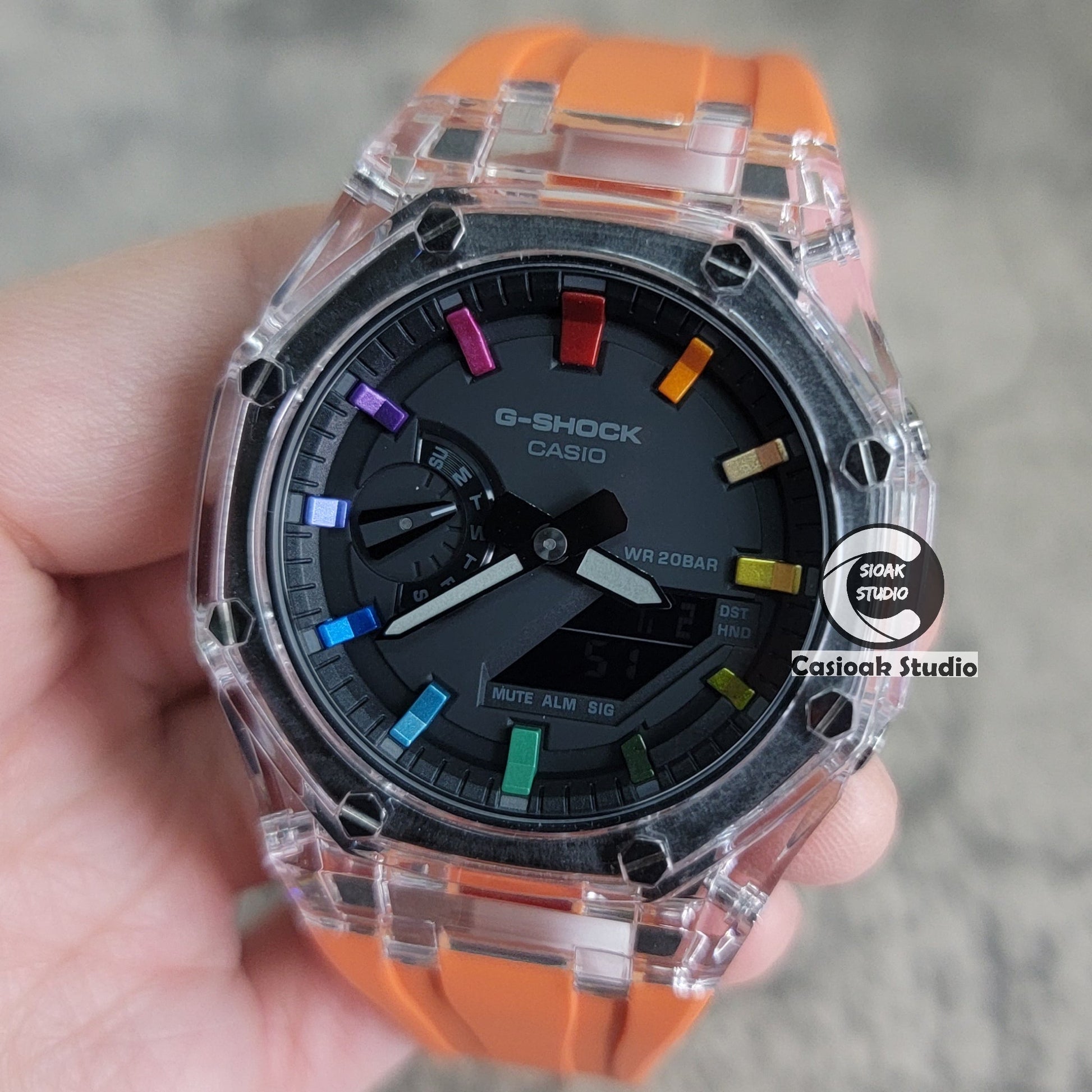 Casioak Mod Watch Transparent Case Orange Strap Black Rainbow Time Mark Black Dial 44mm- Casioak Mod Casio G-Shock Royal Oak Custom Mens Luxury Watches Ga2100