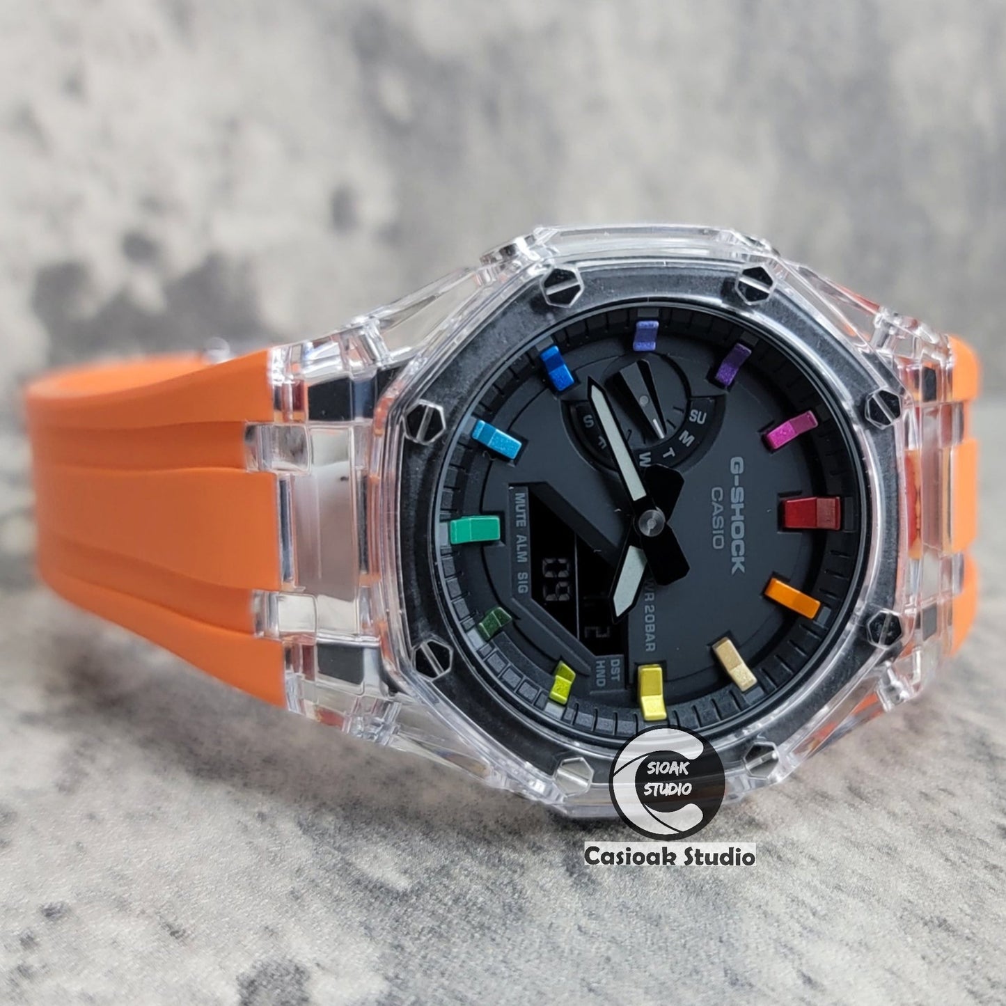 Casioak Mod Watch Transparent Case Orange Strap Black Rainbow Time Mark Black Dial 44mm- Casioak Mod Casio G-Shock Royal Oak Custom Mens Luxury Watches Ga2100