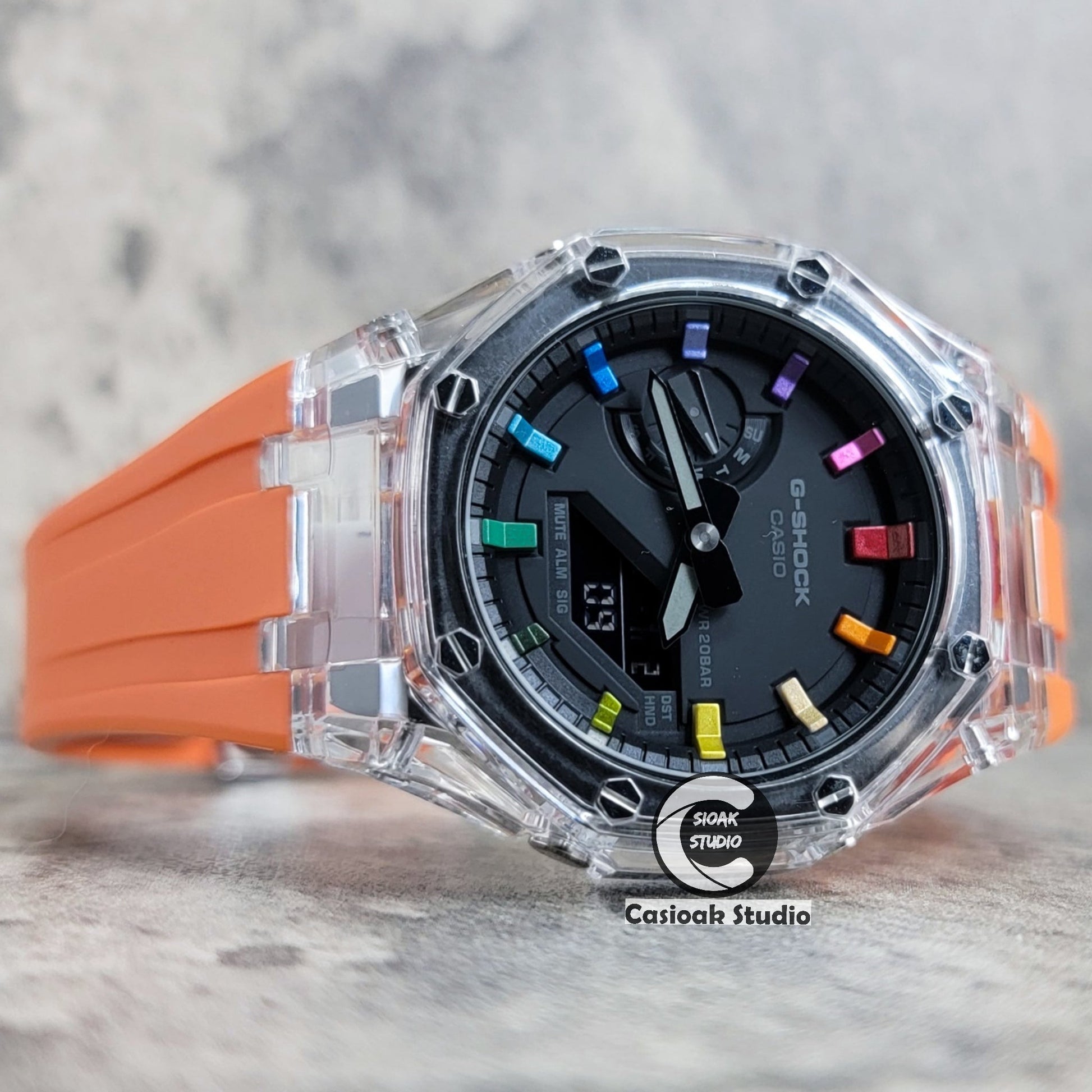 Casioak Mod Watch Transparent Case Orange Strap Black Rainbow Time Mark Black Dial 44mm- Casioak Mod Casio G-Shock Royal Oak Custom Mens Luxury Watches Ga2100