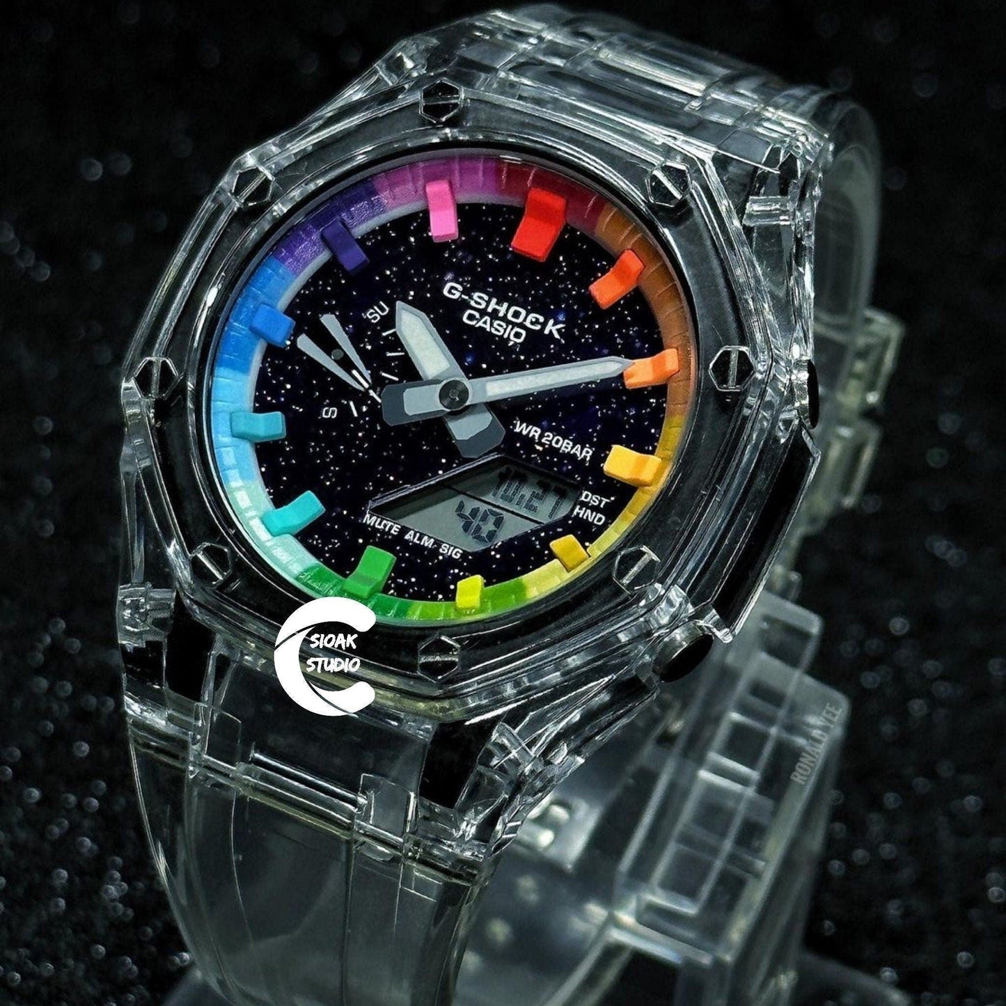 Casioak Mod Watch Transparent Case Strap Rainbow Time Mark Purple Dial 44mm- Casioak Mod Casio G-Shock Royal Oak Custom Mens Luxury Watches Ga2100