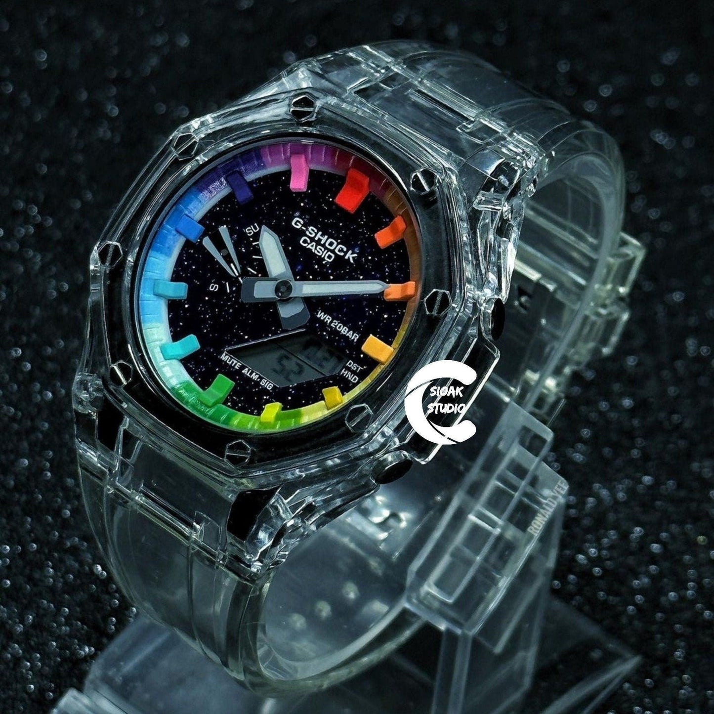 Casioak Mod Watch Transparent Case Strap Rainbow Time Mark Purple Dial 44mm- Casioak Mod Casio G-Shock Royal Oak Custom Mens Luxury Watches Ga2100