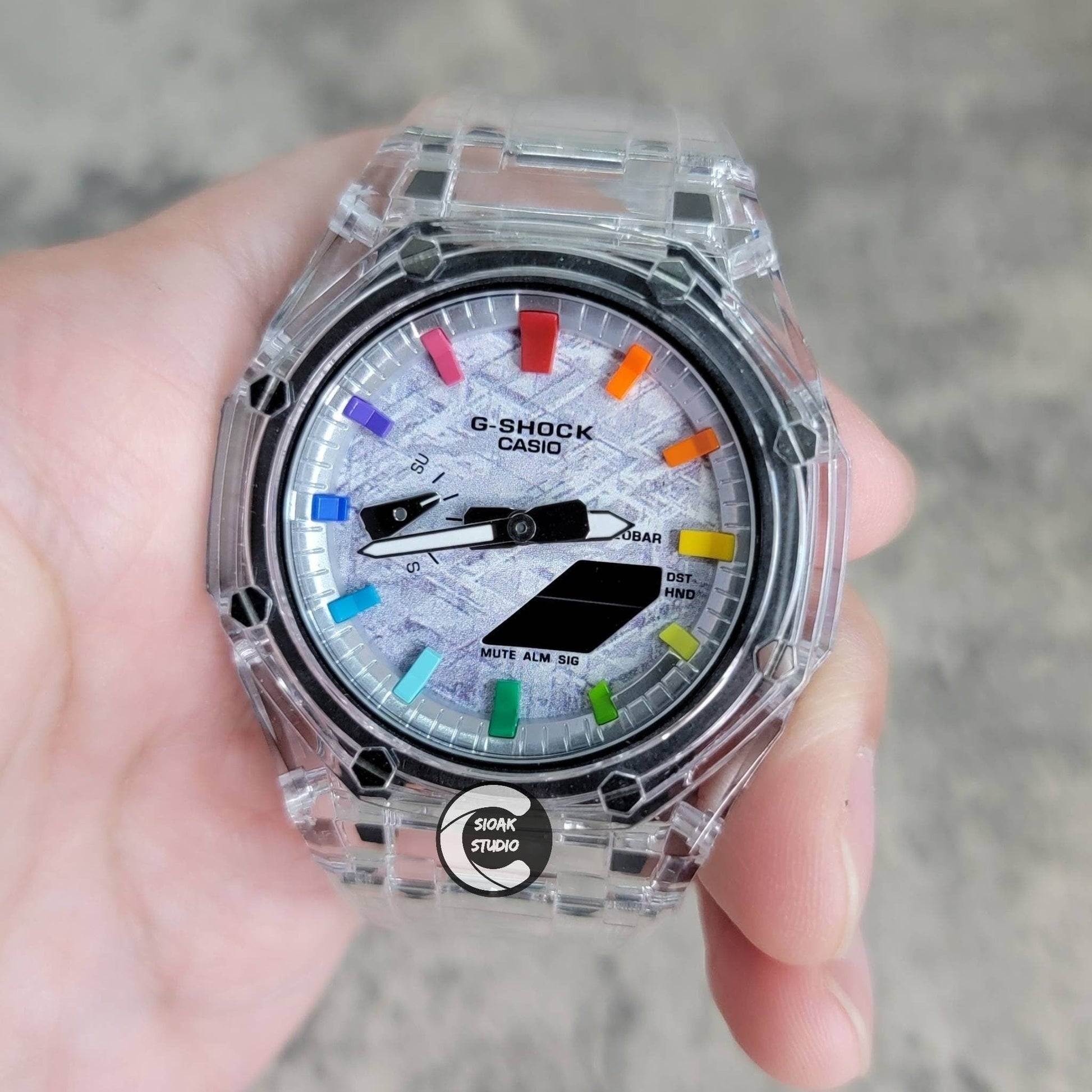 Casioak Mod Watch Transparent Case Strap Silver Rainbow Time Mark Meteorite Dial 44mm- Casioak Mod Casio G-Shock Royal Oak Custom Mens Luxury Watches Ga2100