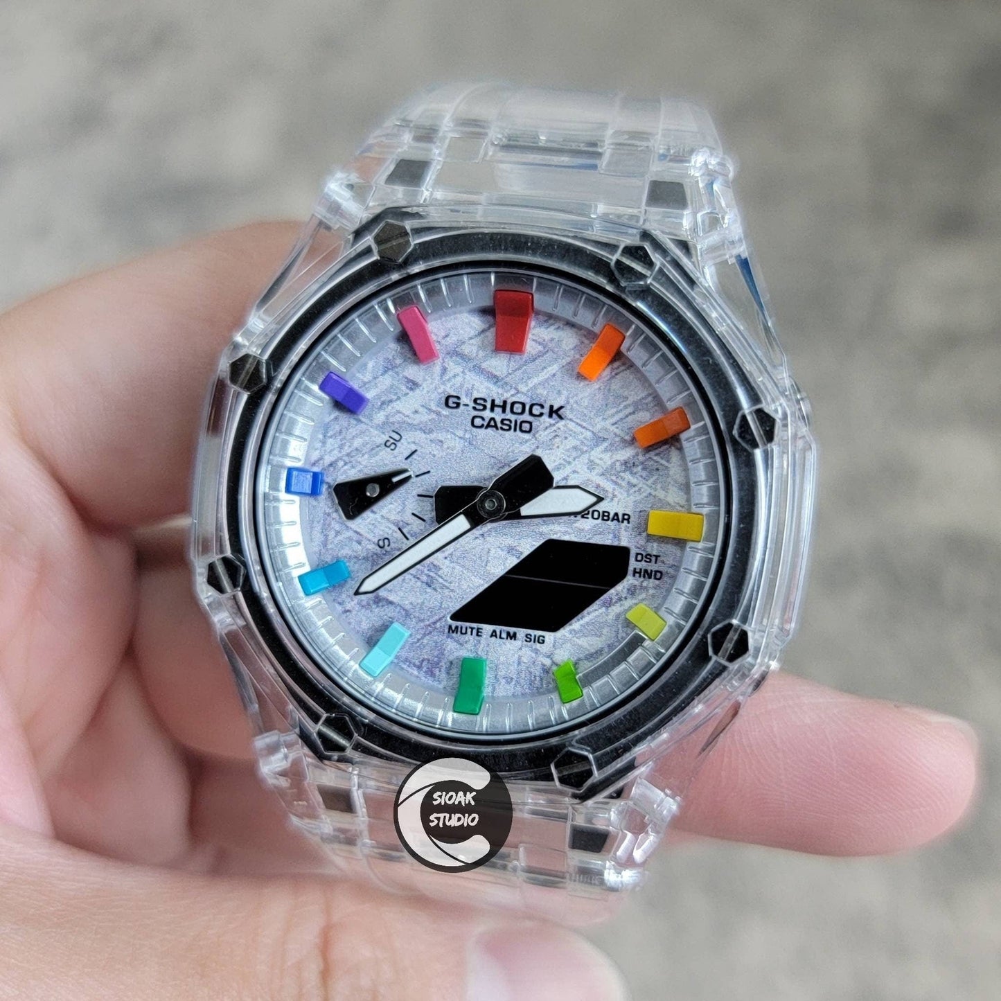 Casioak Mod Watch Transparent Case Strap Silver Rainbow Time Mark Meteorite Dial 44mm- Casioak Mod Casio G-Shock Royal Oak Custom Mens Luxury Watches Ga2100