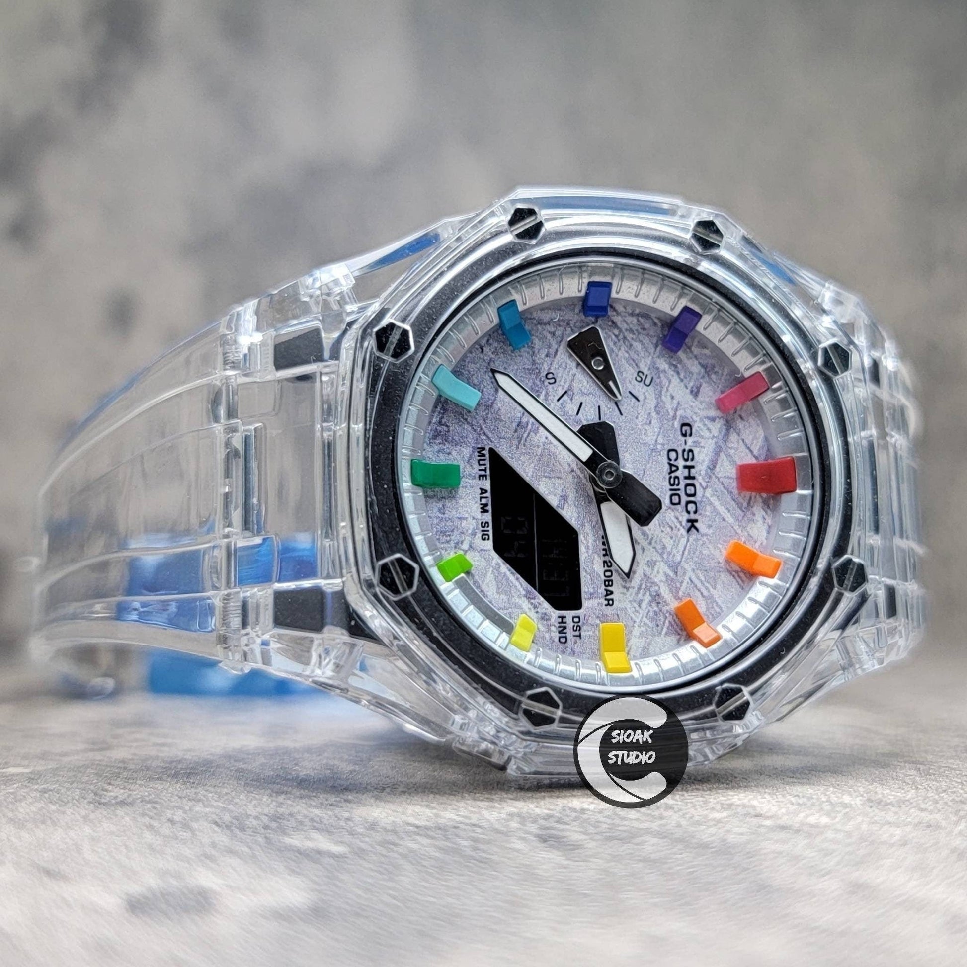 Casioak Mod Watch Transparent Case Strap Silver Rainbow Time Mark Meteorite Dial 44mm- Casioak Mod Casio G-Shock Royal Oak Custom Mens Luxury Watches Ga2100