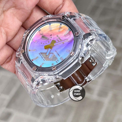 Casioak Mod Watch Transparent Case Strap Yellow Special Crystal Dial 44mm- Casioak Mod Casio G-Shock Royal Oak Custom Mens Luxury Watches Ga2100