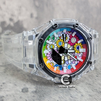 Casioak Mod Watch Transparent Case Transparent Strap Rainbow White Time Mark Takashi Murakami Dial 44mm- Casioak Mod Casio G-Shock Royal Oak Custom Mens Luxury Watches Ga2100