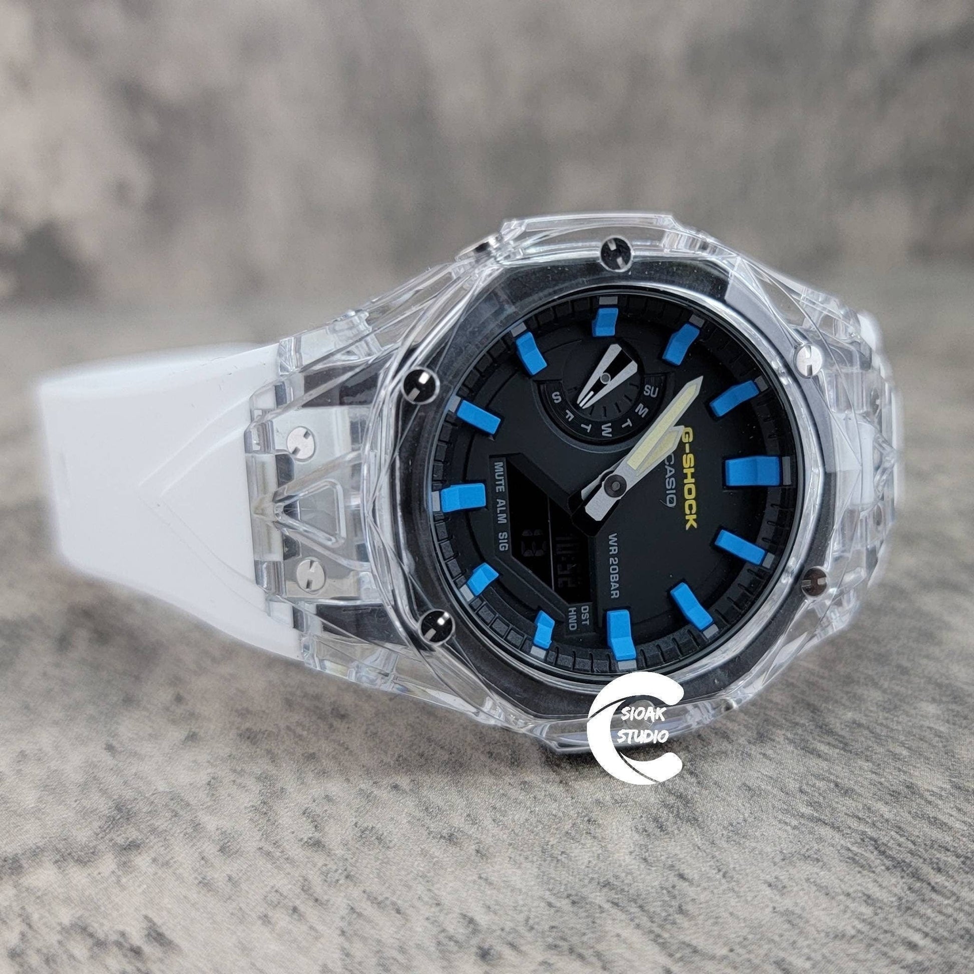 Casioak Mod Watch Transparent Case White Strap Black Blue Time Mark Black Dial 44mm- Casioak Mod Casio G-Shock Royal Oak Custom Mens Luxury Watches Ga2100