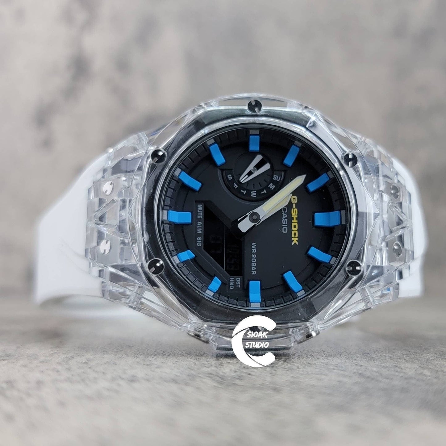 Casioak Mod Watch Transparent Case White Strap Black Blue Time Mark Black Dial 44mm- Casioak Mod Casio G-Shock Royal Oak Custom Mens Luxury Watches Ga2100