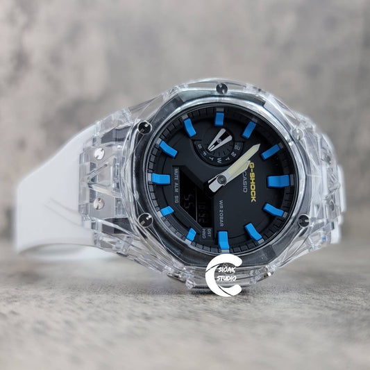 Casioak Mod Watch Transparent Case White Strap Black Blue Time Mark Black Dial 44mm- Casioak Mod Casio G-Shock Royal Oak Custom Mens Luxury Watches Ga2100