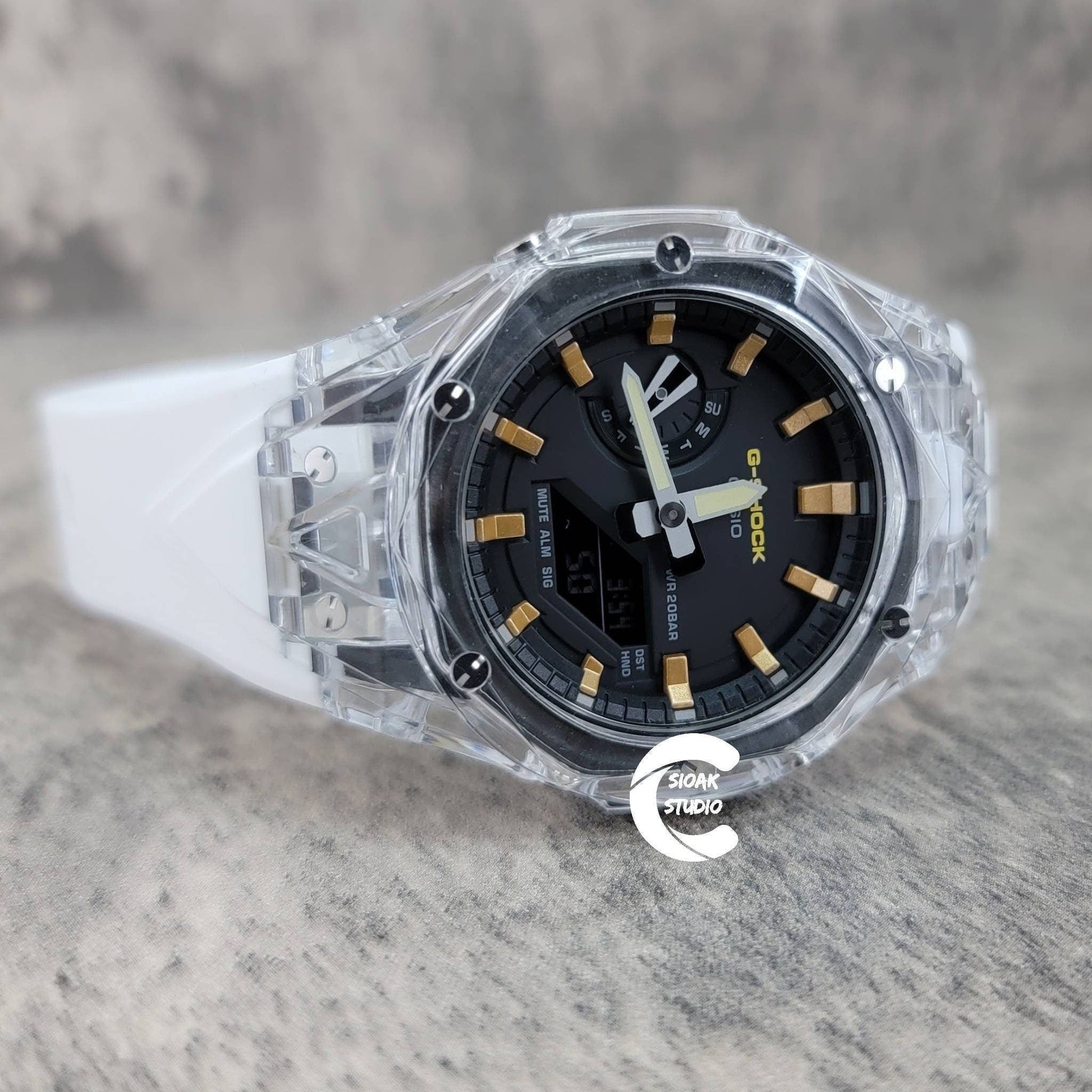 Casioak Mod Watch Transparent Case White Strap Black Gold Time Mark Black Dial 44mm- Casioak Mod Casio G-Shock Royal Oak Custom Mens Luxury Watches Ga2100