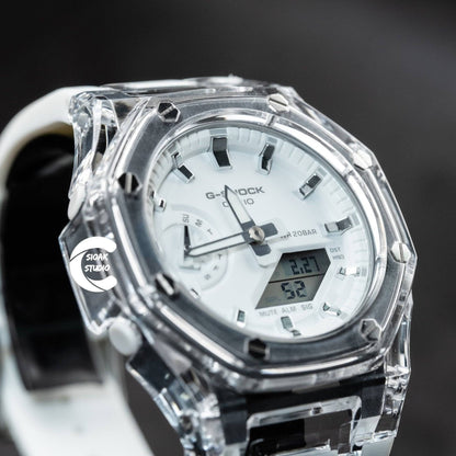 Casioak Mod Watch Transparent Case White Strap Black Silver Time Mark White Dial 44mm- Casioak Mod Casio G-Shock Royal Oak Custom Mens Luxury Watches Ga2100