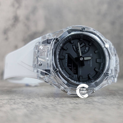 Casioak Mod Watch Transparent Case White Strap Black Time Mark Black Dial 44mm- Casioak Mod Casio G-Shock Royal Oak Custom Mens Luxury Watches Ga2100