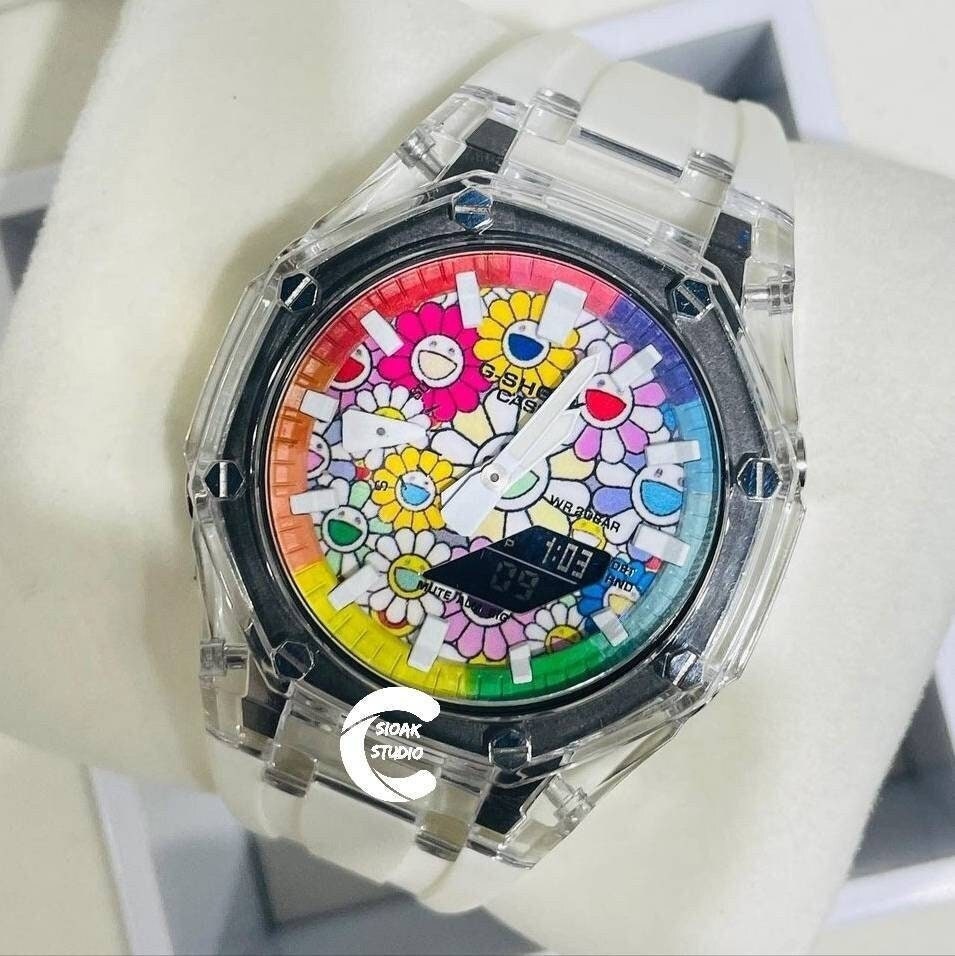 Casioak Mod Watch Transparent Case White Strap Rainbow White Time Mark Takashi Murakami Dial 44mm- Casioak Mod Casio G-Shock Royal Oak Custom Mens Luxury Watches Ga2100