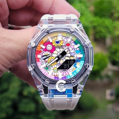 Casioak Mod Watch Transparent Case White Strap Rainbow White Time Mark Takashi Murakami Dial 44mm- Casioak Mod Casio G-Shock Royal Oak Custom Mens Luxury Watches Ga2100