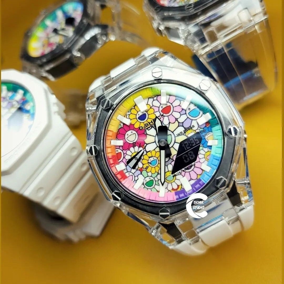 Casioak Mod Watch Transparent Case White Strap Rainbow White Time Mark Takashi Murakami Dial 44mm- Casioak Mod Casio G-Shock Royal Oak Custom Mens Luxury Watches Ga2100