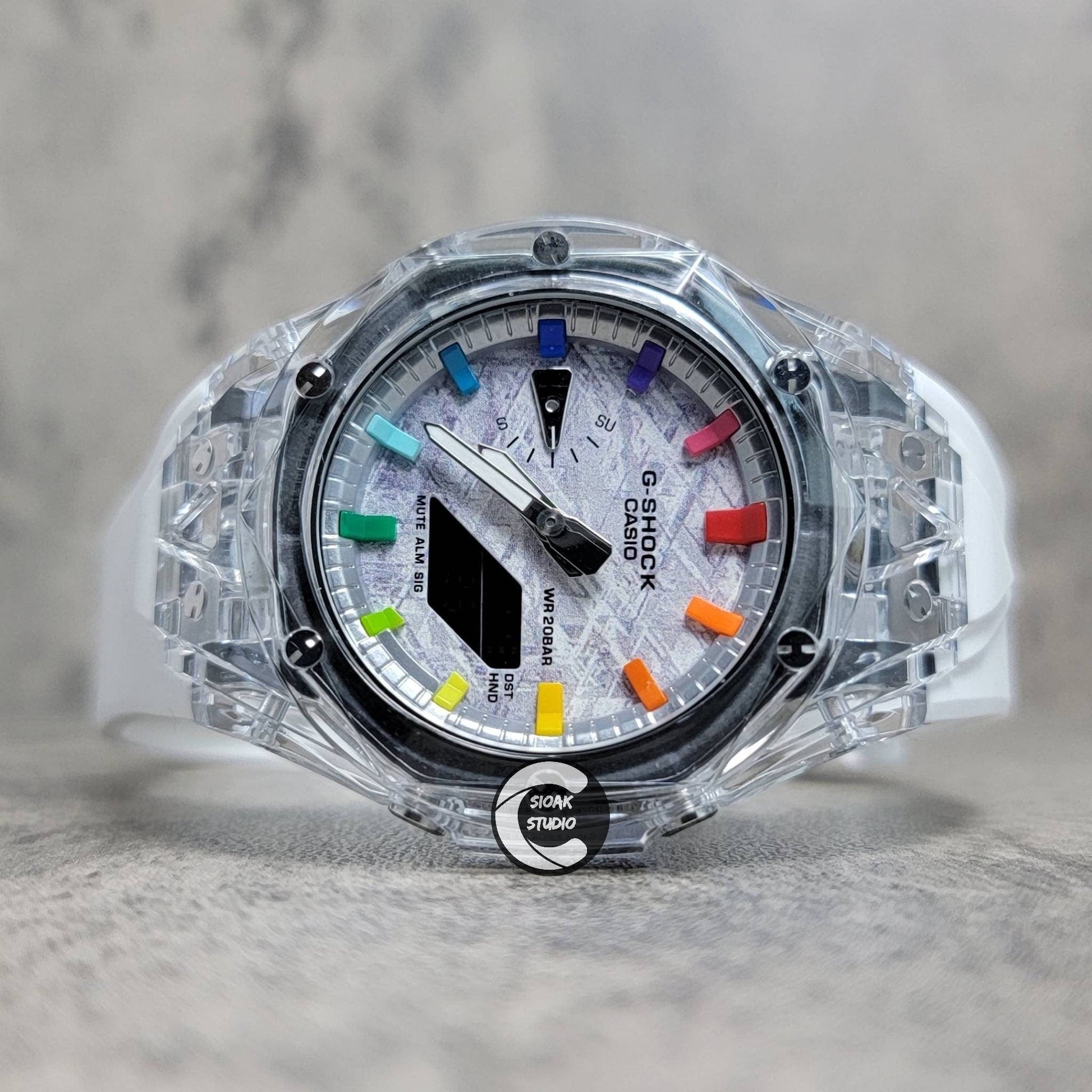 Casioak Mod Watch Transparent Case White Strap Silver Rainbow Time Mark Meteorite Dial 44mm- Casioak Mod Casio G-Shock Royal Oak Custom Mens Luxury Watches Ga2100