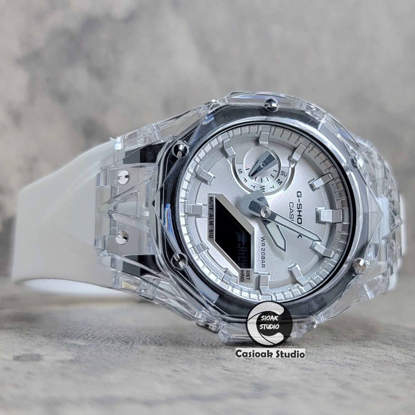 Casioak Mod Watch Transparent Case White Strap Silver Time Mark Silver Dial 44mm- Casioak Mod Casio G-Shock Royal Oak Custom Mens Luxury Watches Ga2100