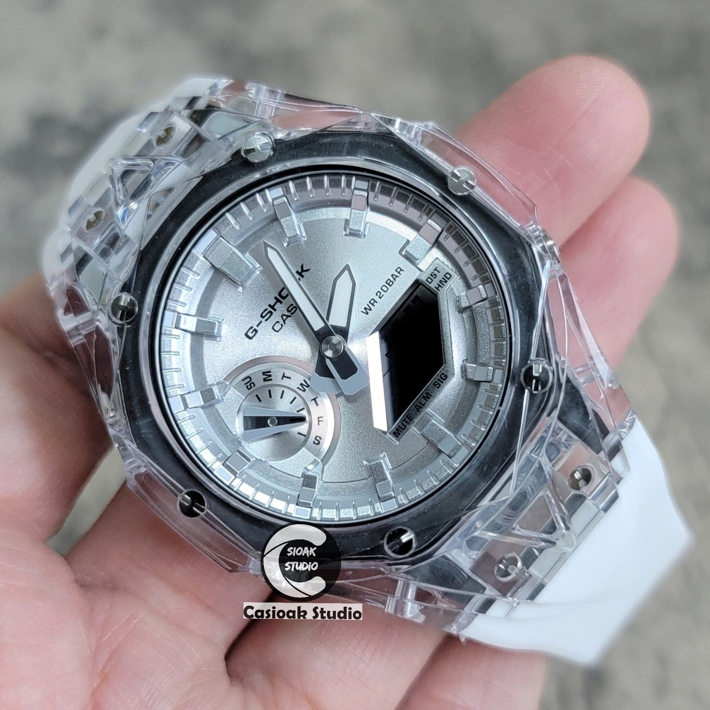 Casioak Mod Watch Transparent Case White Strap Silver Time Mark Silver Dial 44mm- Casioak Mod Casio G-Shock Royal Oak Custom Mens Luxury Watches Ga2100