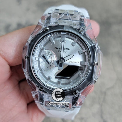 Casioak Mod Watch Transparent Case White Strap Silver Time Mark Silver Dial 44mm- Casioak Mod Casio G-Shock Royal Oak Custom Mens Luxury Watches Ga2100