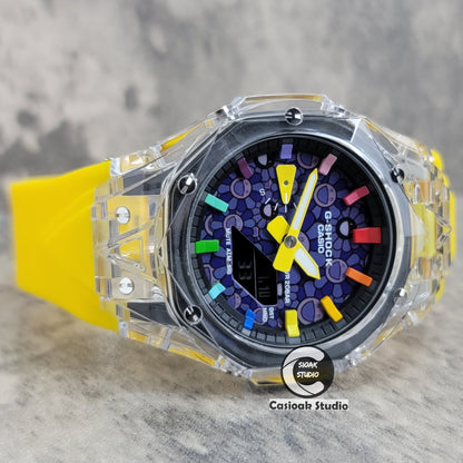 Casioak Mod Watch Transparent Case Yellow Strap Black Rainbow Time Mark Purple Takashi Murakami Dial 44mm- Casioak Mod Casio G-Shock Royal Oak Custom Mens Luxury Watches Ga2100