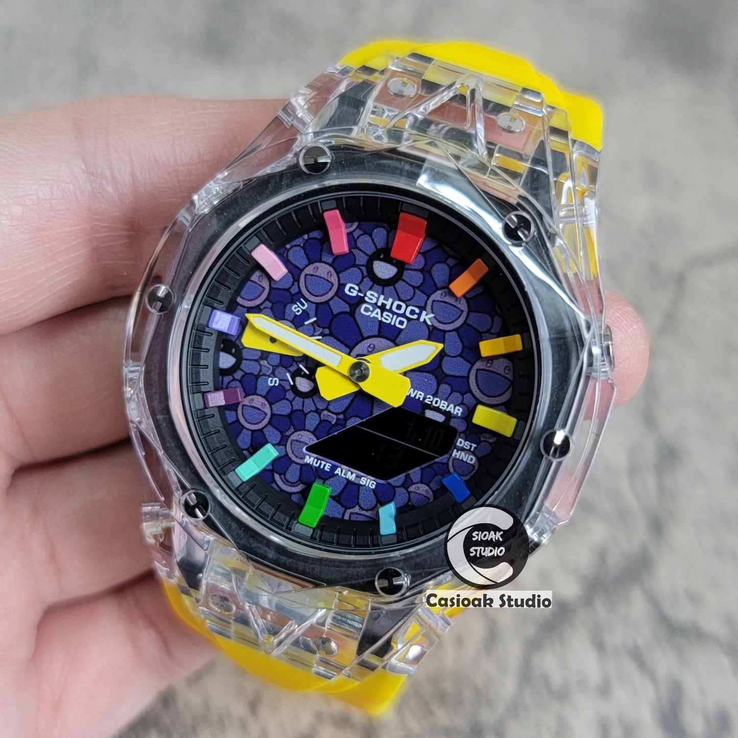 Casioak Mod Watch Transparent Case Yellow Strap Black Rainbow Time Mark Purple Takashi Murakami Dial 44mm- Casioak Mod Casio G-Shock Royal Oak Custom Mens Luxury Watches Ga2100