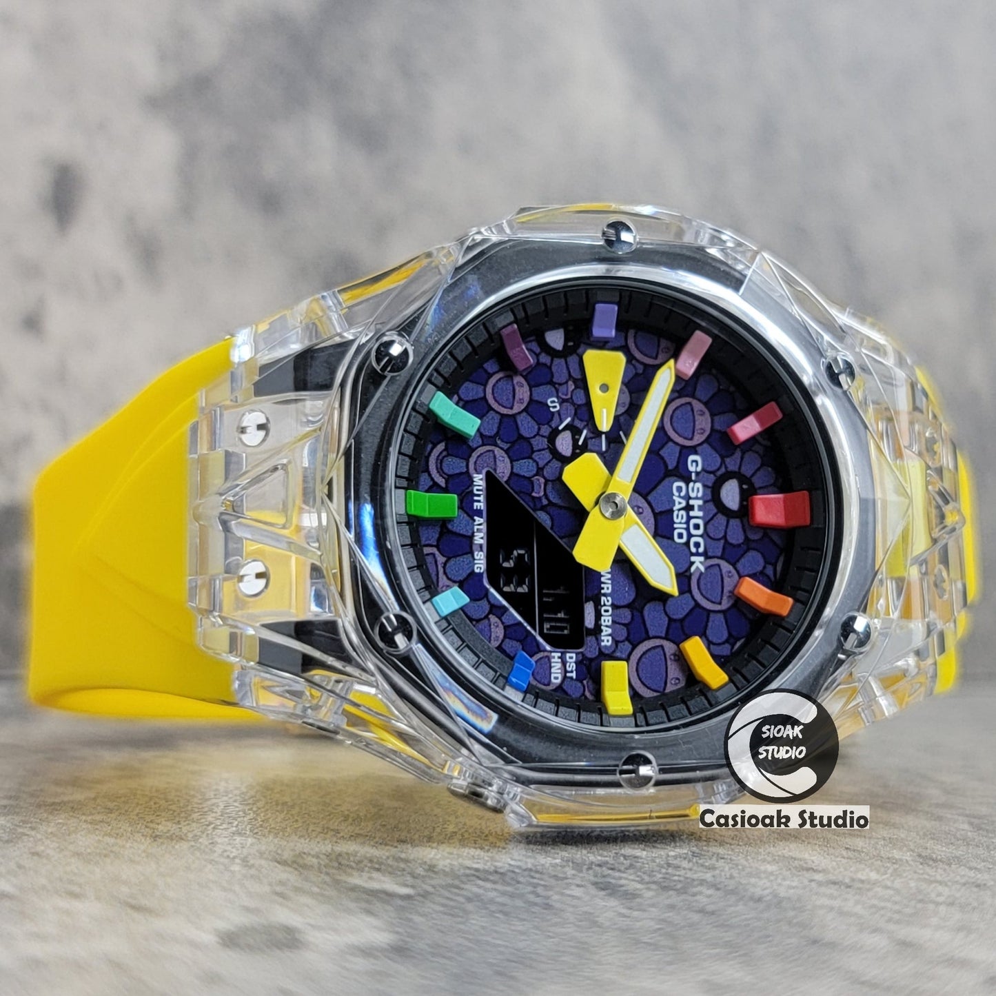 Casioak Mod Watch Transparent Case Yellow Strap Black Rainbow Time Mark Purple Takashi Murakami Dial 44mm- Casioak Mod Casio G-Shock Royal Oak Custom Mens Luxury Watches Ga2100