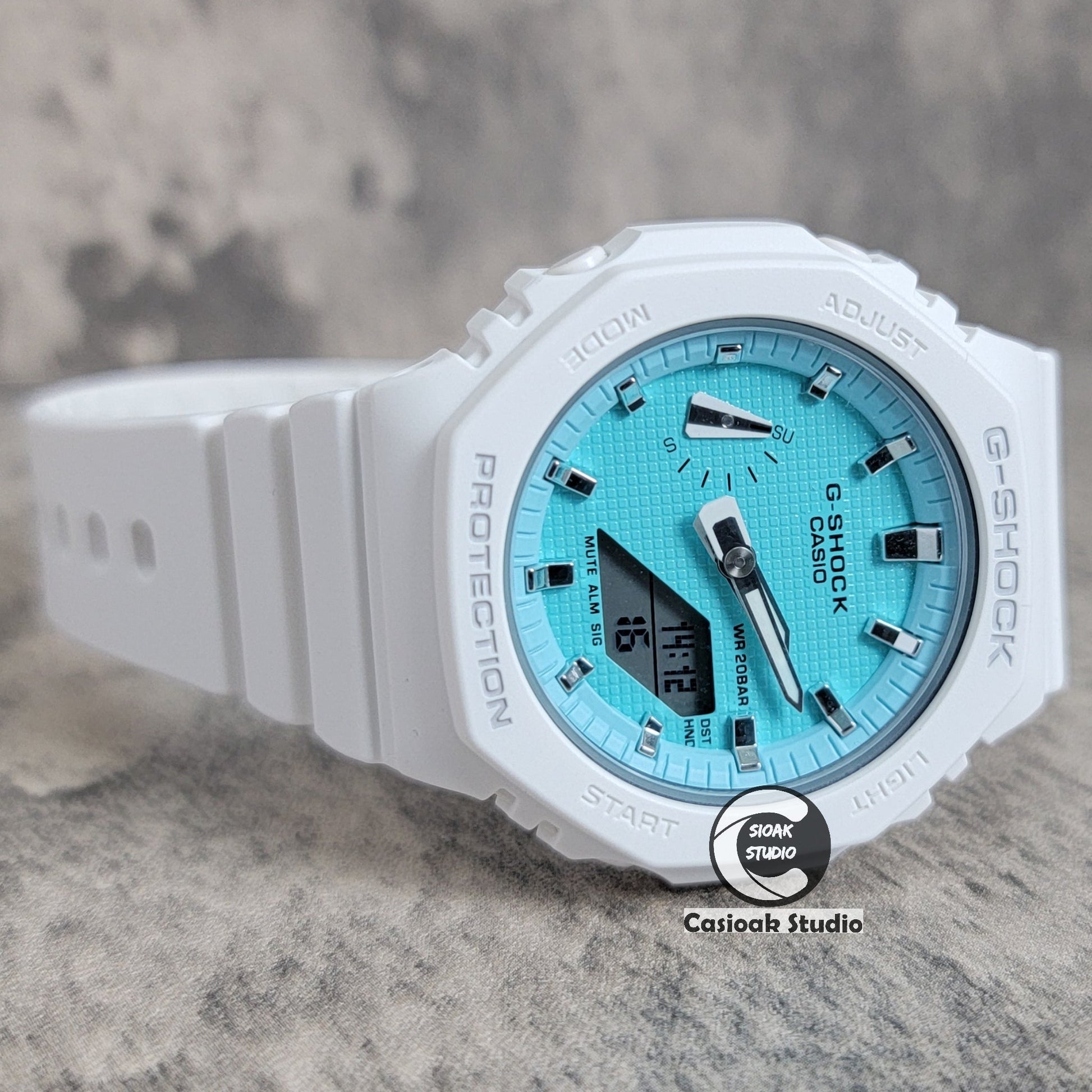 Casioak Mod Watch White Case Plastic Strap Tiff Silver Time Mark Tiff Blue Dial 42mm- Casioak Mod Casio G-Shock Royal Oak Custom Mens Luxury Watches Ga2100