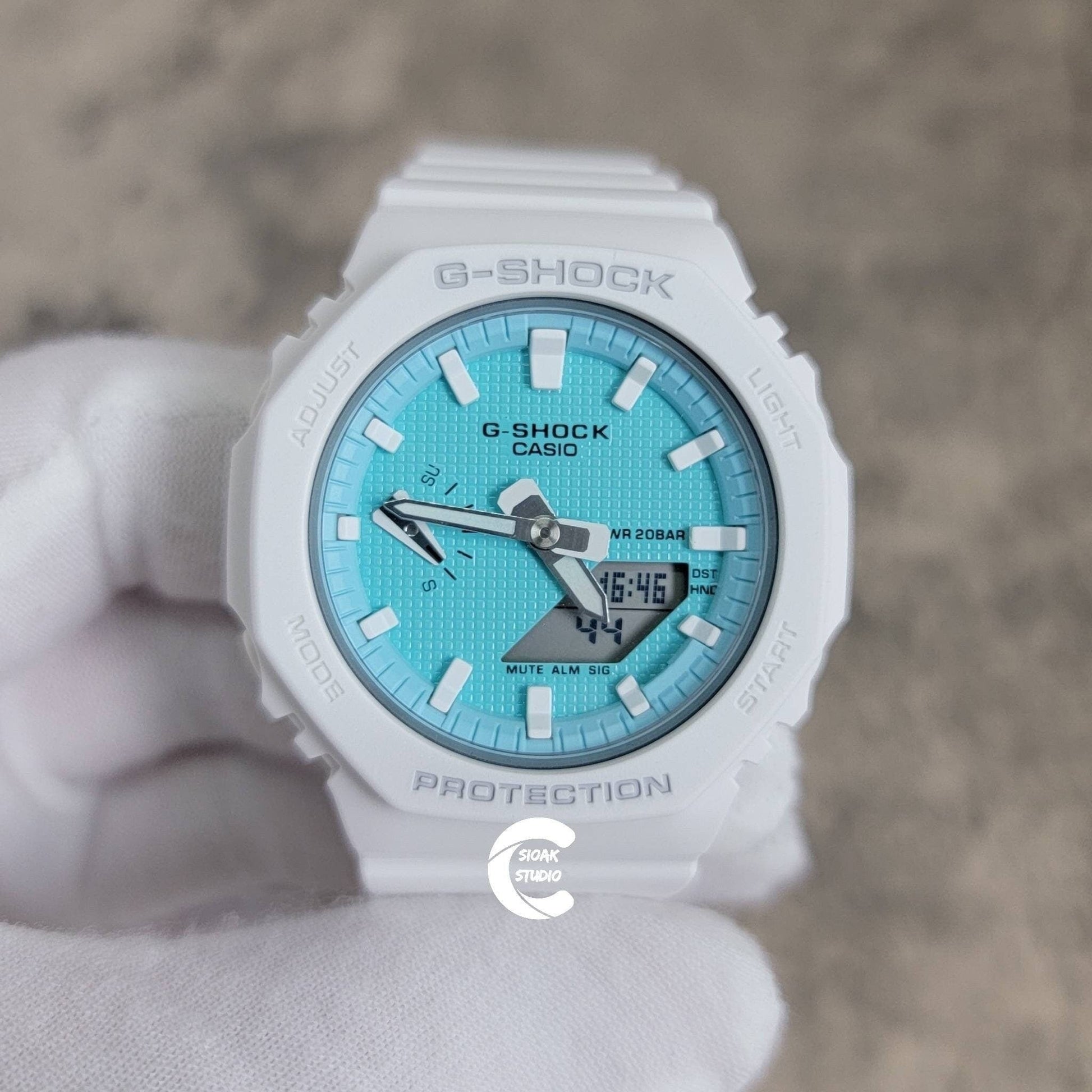 Casioak Mod Watch White Case Plastic Strap Tiff white Time Mark Tiff Blue Dial 42mm- Casioak Mod Casio G-Shock Royal Oak Custom Mens Luxury Watches Ga2100