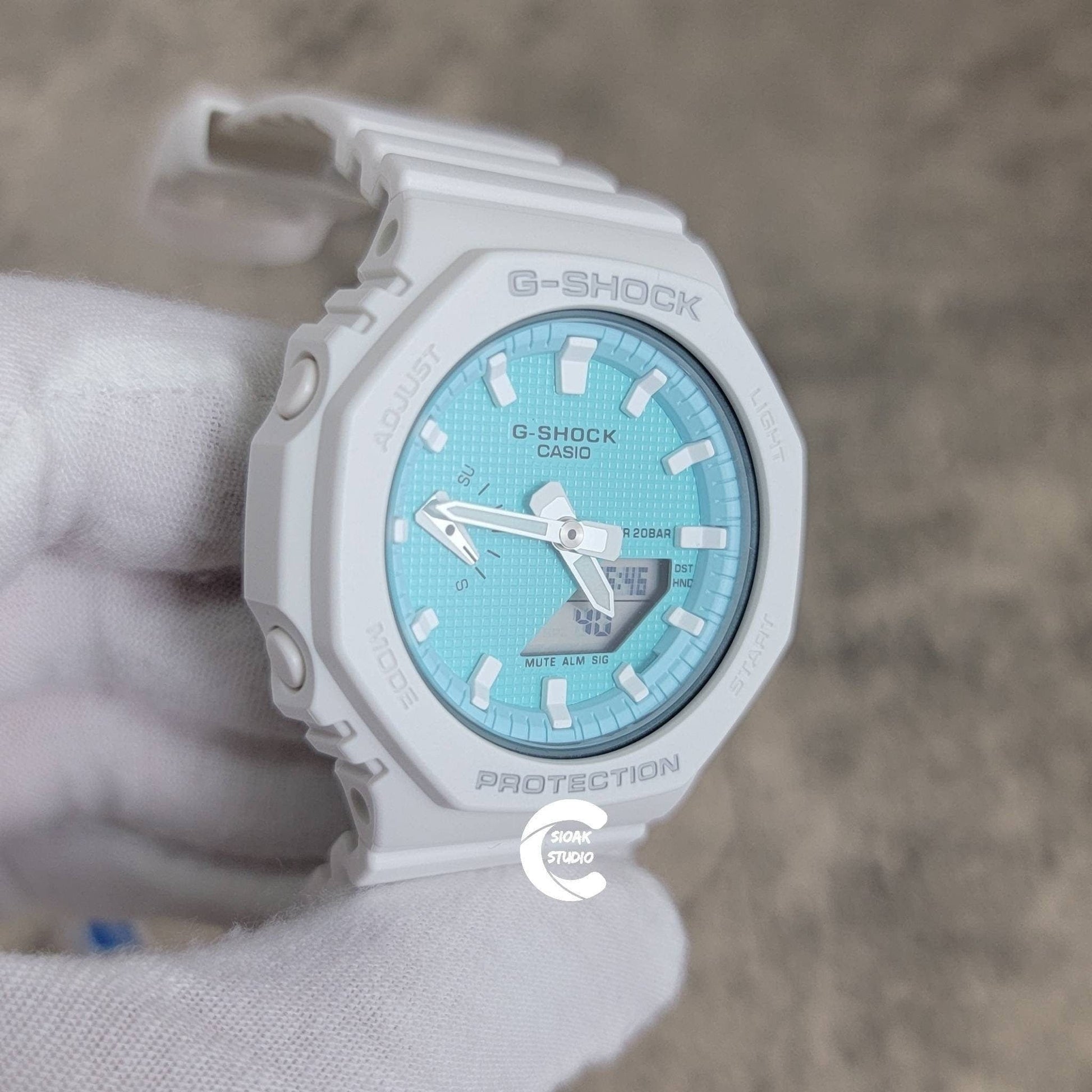 Casioak Mod Watch White Case Plastic Strap Tiff white Time Mark Tiff Blue Dial 42mm- Casioak Mod Casio G-Shock Royal Oak Custom Mens Luxury Watches Ga2100