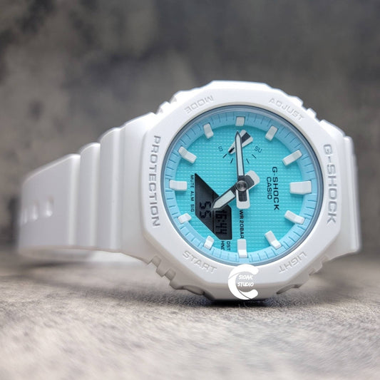 Casioak Mod Watch White Case Plastic Strap Tiff white Time Mark Tiff Blue Dial 42mm- Casioak Mod Casio G-Shock Royal Oak Custom Mens Luxury Watches Ga2100