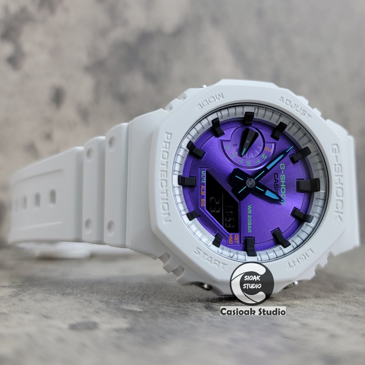 Casioak Mod Watch White Plastic Case Strap Silver Black Time Mark Purple Dial 44mm- Casioak Mod Casio G-Shock Royal Oak Custom Mens Luxury Watches Ga2100