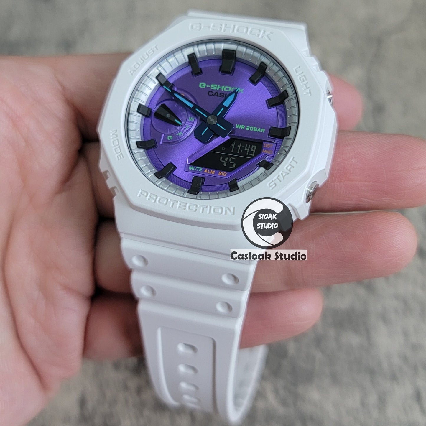 Casioak Mod Watch White Plastic Case Strap Silver Black Time Mark Purple Dial 44mm- Casioak Mod Casio G-Shock Royal Oak Custom Mens Luxury Watches Ga2100