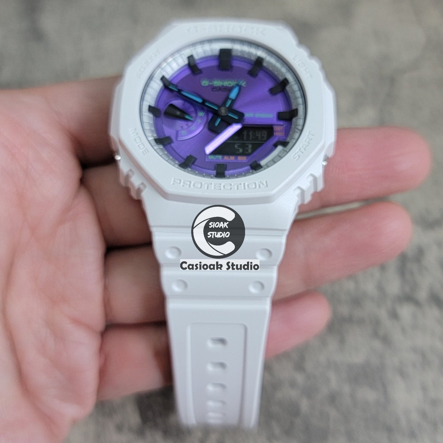 Casioak Mod Watch White Plastic Case Strap Silver Black Time Mark Purple Dial 44mm- Casioak Mod Casio G-Shock Royal Oak Custom Mens Luxury Watches Ga2100