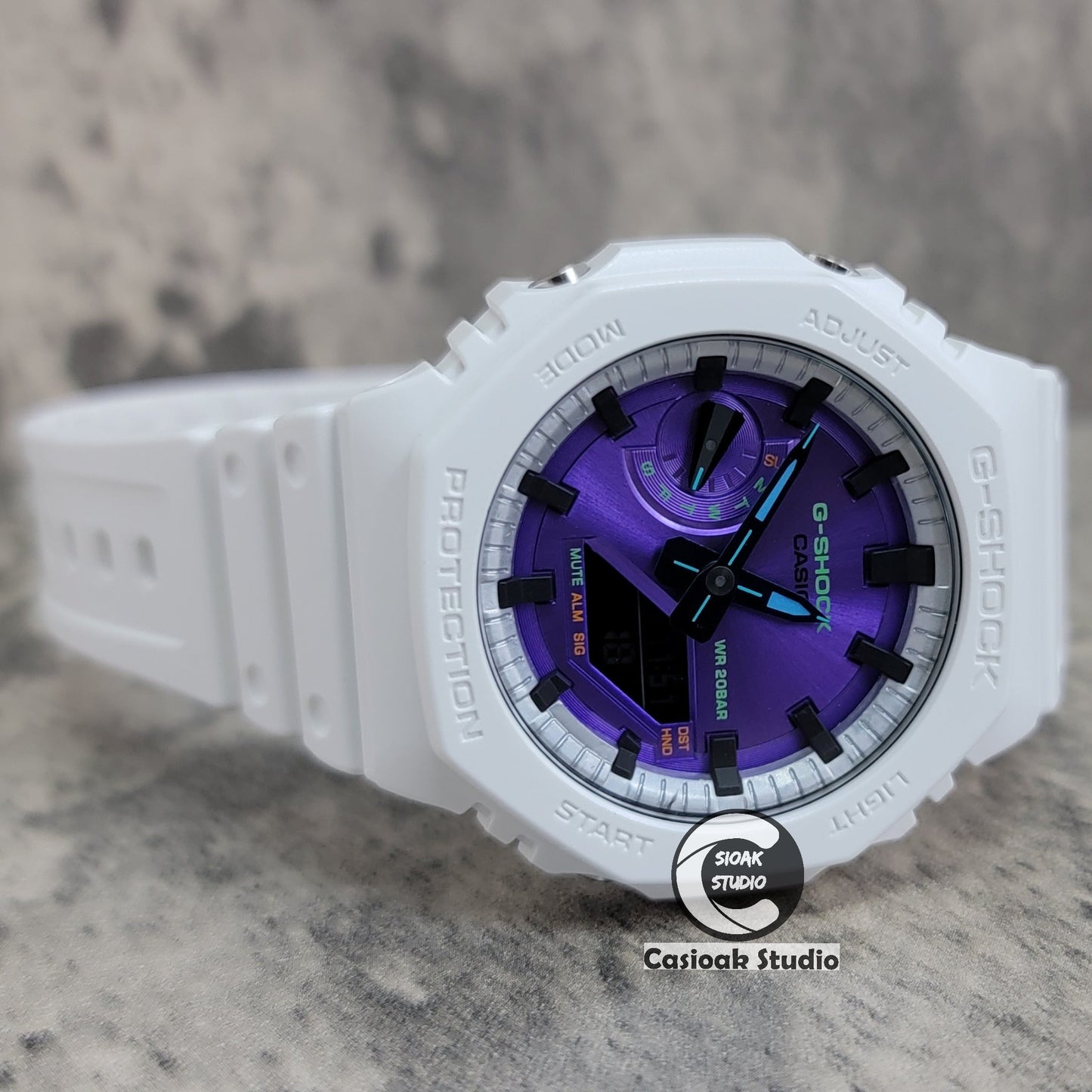 Casioak Mod Watch White Plastic Case Strap Silver Black Time Mark Purple Dial 44mm- Casioak Mod Casio G-Shock Royal Oak Custom Mens Luxury Watches Ga2100