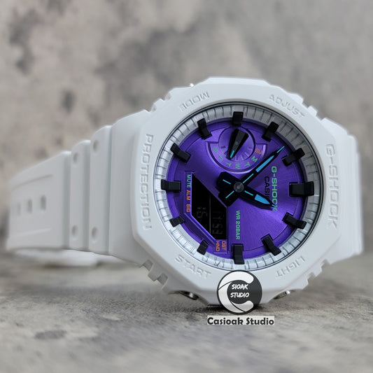 Casioak Mod Watch White Plastic Case Strap Silver Black Time Mark Purple Dial 44mm- Casioak Mod Casio G-Shock Royal Oak Custom Mens Luxury Watches Ga2100