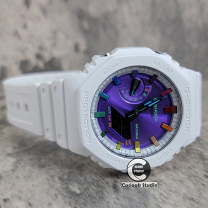 Casioak Mod Watch White Plastic Case Strap Silver Rainbow Time Mark Purple Dial 44mm- Casioak Mod Casio G-Shock Royal Oak Custom Mens Luxury Watches Ga2100