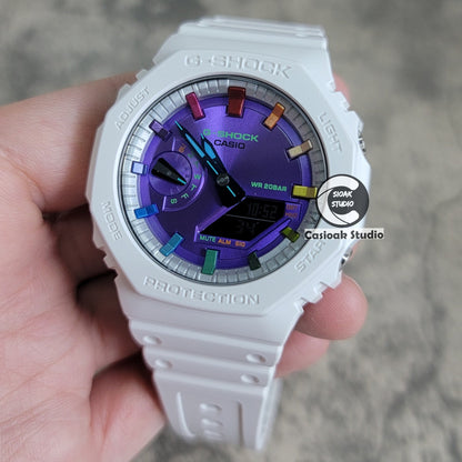 Casioak Mod Watch White Plastic Case Strap Silver Rainbow Time Mark Purple Dial 44mm- Casioak Mod Casio G-Shock Royal Oak Custom Mens Luxury Watches Ga2100