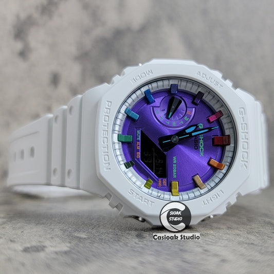 Casioak Mod Watch White Plastic Case Strap Silver Rainbow Time Mark Purple Dial 44mm- Casioak Mod Casio G-Shock Royal Oak Custom Mens Luxury Watches Ga2100