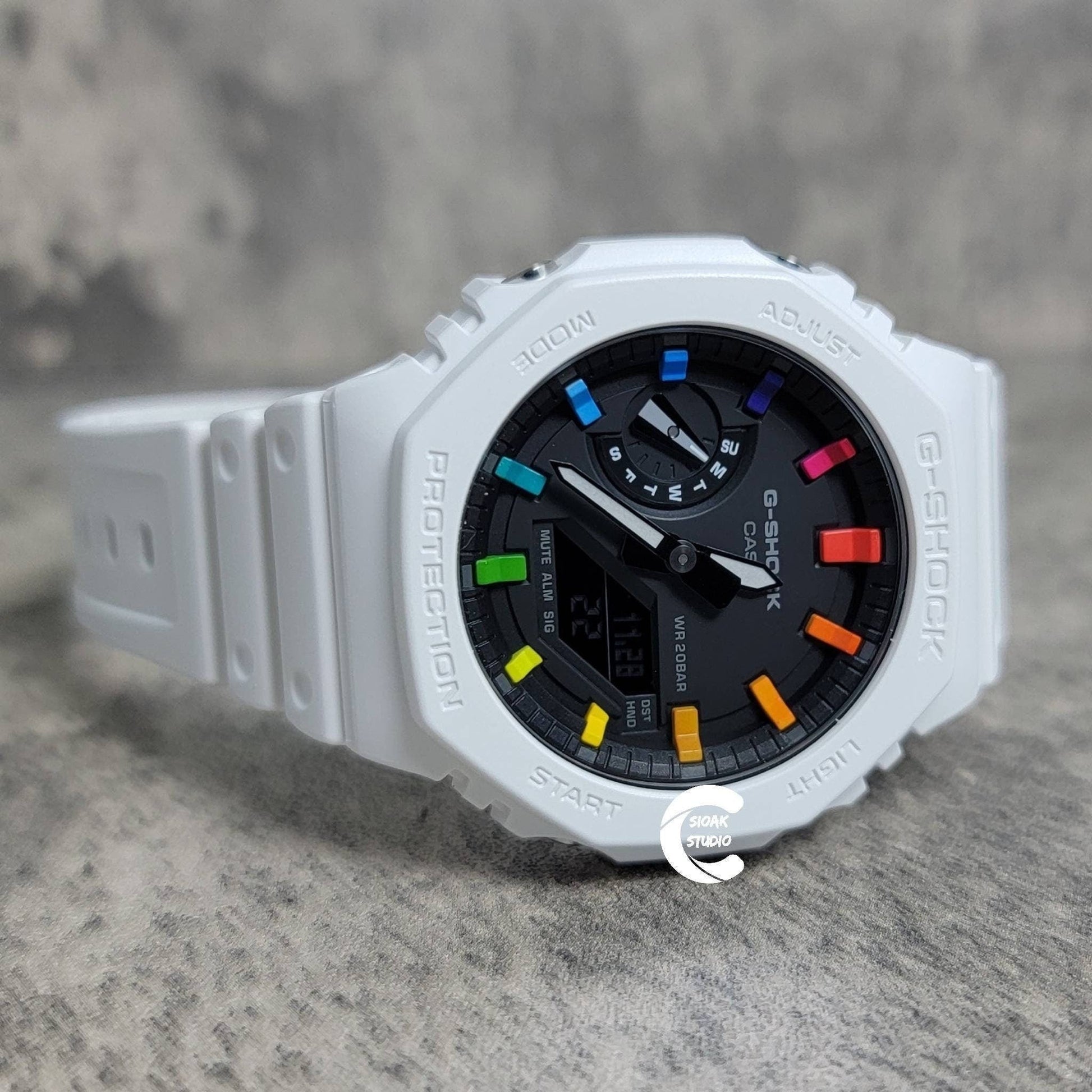 Casioak Mod Watch White Plastic Case White Strap Black Rainbow Time Mark Black Dial 44mm- Casioak Mod Casio G-Shock Royal Oak Custom Mens Luxury Watches Ga2100