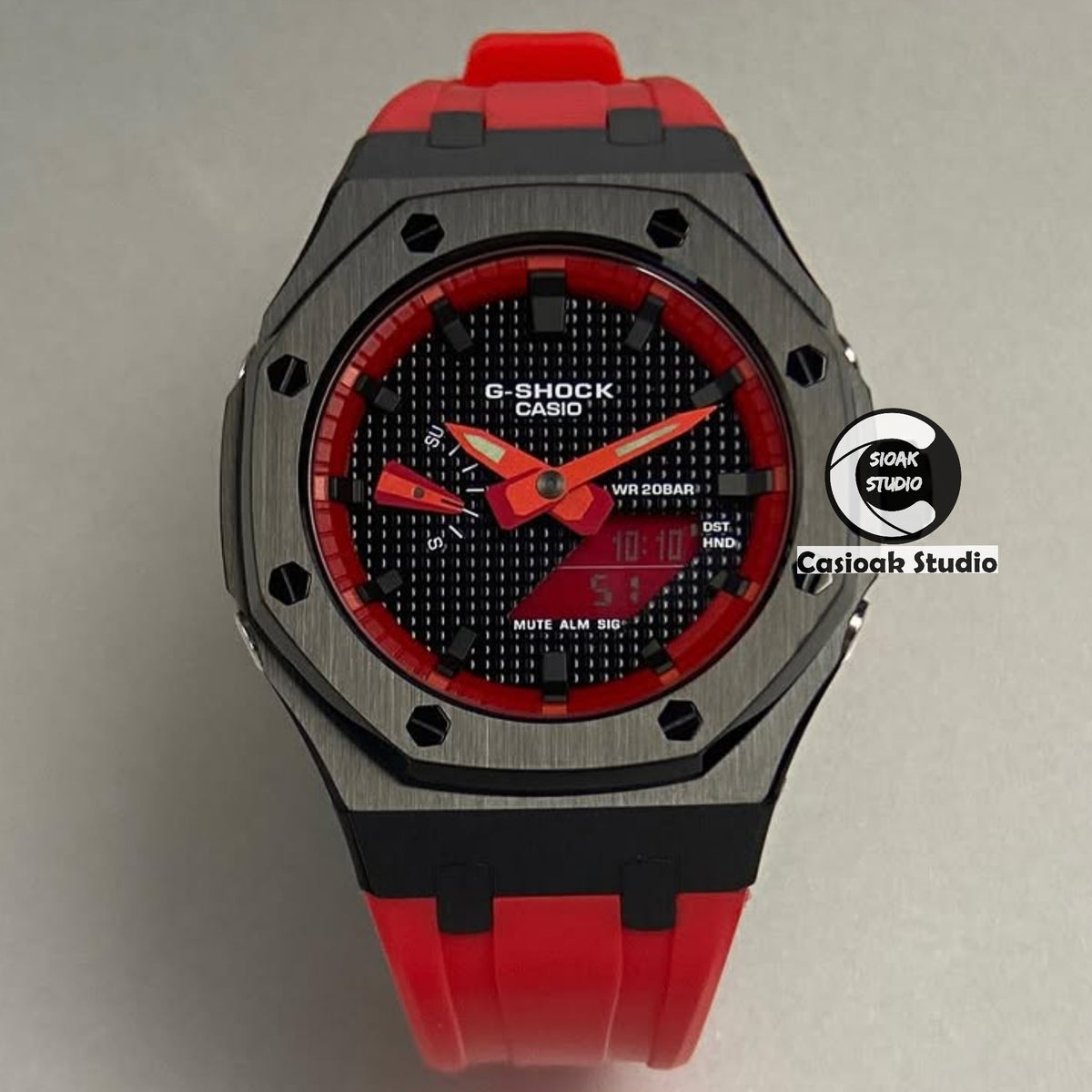 Casioak Mod Watch Black Case Red Rubber Strap Red Black Time Mark Black Waffle Dials 44mm